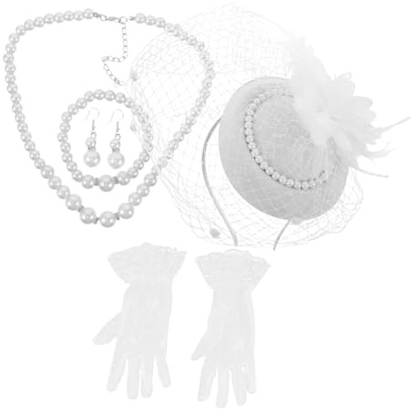 KOMBIUDA White Lace Fascinator Hat with Soft Victorian Gloves and Pearl Necklace for Women Elegant Tea Party Headwear and Cocktail Wedding Accessories Multi-occasion Costume Ensemble