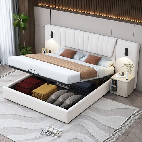 Merax Lit Coffre Capitonné 180x200 cm, avec Tête de Lit Extra Longue, Lampes de Lecture Orientables, Ports USB, Sommier à Lattes, Lit Double avec Rangement Hydraulique, Velours, Beige (sans Matelas)