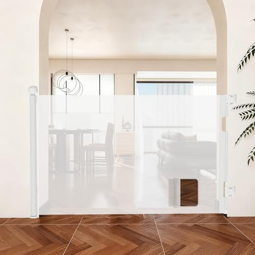 Barrera de escalera retráctil para bebé y animales- Barrera de seguridad amplia, funcionamiento silencioso con una mano enrollable, con agujero para gatos, 86 x 150 cm (blanco) (B)