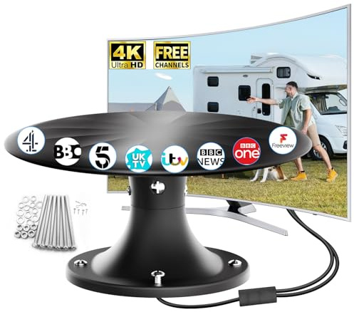 RV TV Aerial for Caravan & Motorhome, Omnidirectional Digital TV Antenna with Signal Booster, Freeview HD 4K Ready, Outdoor DVB-T/T2 Aerial for Campervan, Boat & Camping, 10M Coaxial Cable