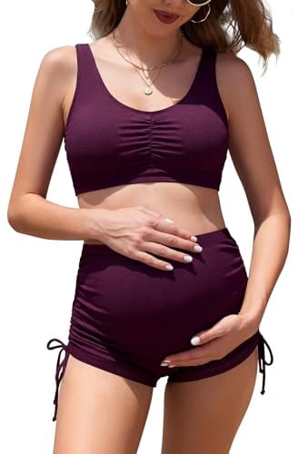 SHEKINI Maillot de Bain Maternité Taille Haute Maillot de Bain Grossesse 2 Pièces Cordon Latéral Réglable Bikini Grossesse