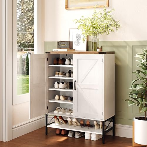 Bonnlo White Shoe Cabinet,Shoe Rack with 2 Doors,Storage Cabinet with 1 Shelf & Metal Legs, Vintage Cupboard Organizer for Hallway Entryway,80.3×36.1×106cm