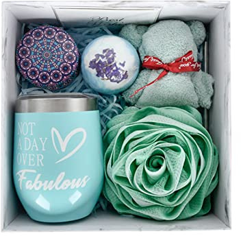 Fictory 340.2 g Isoliertes Weinglas Set mit Duftkerze & Badebomben Blau Grün Geschenkbox für Frauen Spa Bad Entspannung Geschenke für Muttertag Valentinstag Geburtstag