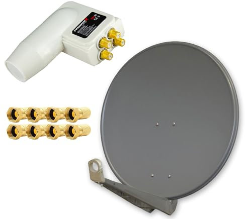 PremiumX DELUXE80 Aluminium 80cm Antenne Digital SAT Schüssel Spiegel Anthrazit HDTV HD+ 3D 4K + PremiumX LNB Quad 0,1dB Weiß Quattro Switch + 8X F-Stecker