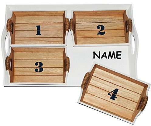 alles-meine.de GmbH Set: Holztablett - Maritim - incl. Namen - + 4 kleine Tabletts - 47 cm * 33 cm - groß/See Ostsee & Nordsee - Strand - Holztablett Küste - Strandkorb - M..