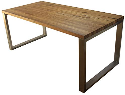 Esstisch Massivholz Edelstahl Serie Munich, Tisch Holz Eiche massiv 140 x 80 cm, Holztisch Edelstahl Metall Stahl, Premium Esstisch, Design Tisch Edelstahl Tischgestell
