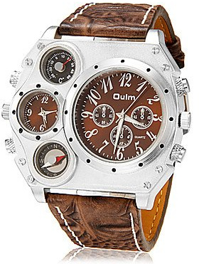 FENKOO Herren Militäruhr Japanischer Quartz Duale Zeitzonen Leder Band Armbanduhr Schwarz/Braun