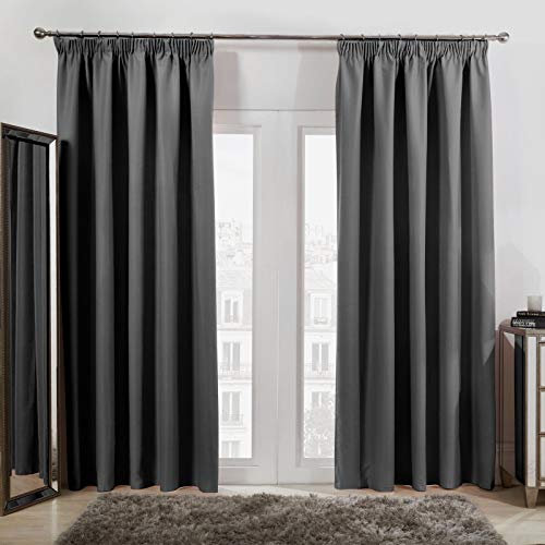 Dreamscene Pencil Pleat Blackout Curtains Set of 2 Thermal Tape Top Heading Panels, Charcoal Grey - Width 66 x Drop 90