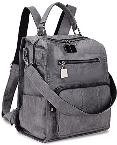 RAVUO Rucksack Damen Klein, PU Leder Damen-Rucksackhandtaschen Mini Cityrucksack Wasserdichte Damenrucksäcke 2 In 1 Handtasche für Frauen,Grau