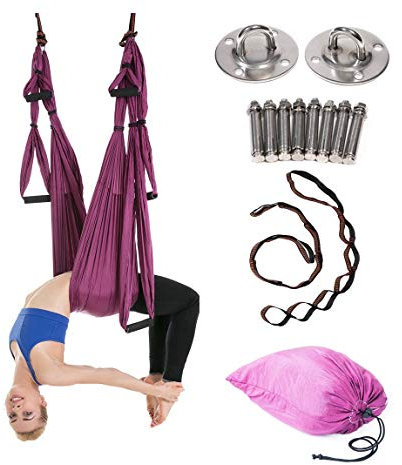 JIALFA Aerial Yoga Swing Set - Ultra Strong Antigravity Yoga Hammock- Aerial Trapeze Kit - Sling for Antigravity Yoga Inversion Exercises - Mounting Accessories Included (Dark purple)