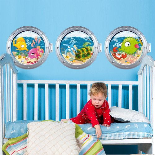 kina - Pegatina Pared Decoración Habitación Niños R00189 - Material Tela Ecológica, Hipoalergénico, Reposicionable, Efecto caricia, Escuela infantil - Gráficos Mar y medir 100x30 cm