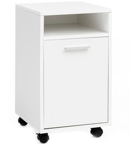 FineBuy Caisson de Bureau 33x60x38 cm Placard de Rangement Mobile Blanc | Armoire de Rangement Petite avec Porte | Meuble de Bureau a Roulette