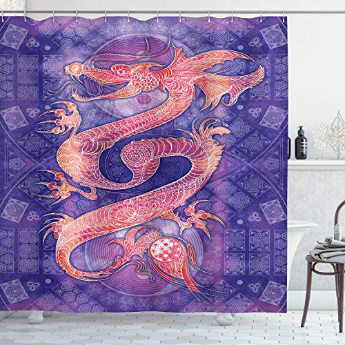 ABAKUHAUS Drachen Duschvorhang, Chinesische Figur Yin Yang, mit 12 Ringe Set Stielvoll Modern, 175x200 cm, Lila Korallenrot