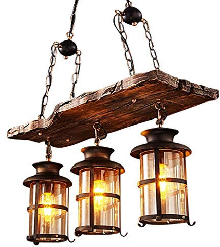 Vintage Pendellampe Retro endelleuchte Industriellen Holz Kronleuchter Kette Höhenverstellbar Metall Hängeleuchte Kreative 3 Licht Hängelampe für Küche Esszimmer Wohnzimmer Dachboden Bar Cafe,E3*27