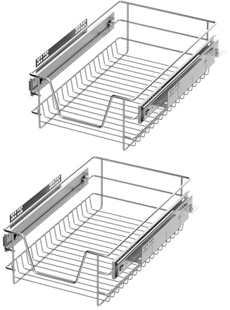 XEMQENER 2 Pcs Kitchen Pull Out Wire Baskets Drawer Storage for 300mm Units | Heavy Duty Slide Out Drawers, Telescopic Kitchen Utensil Holder Rack, Larder Drawers Organise, With Buffer, 27x44x14cm