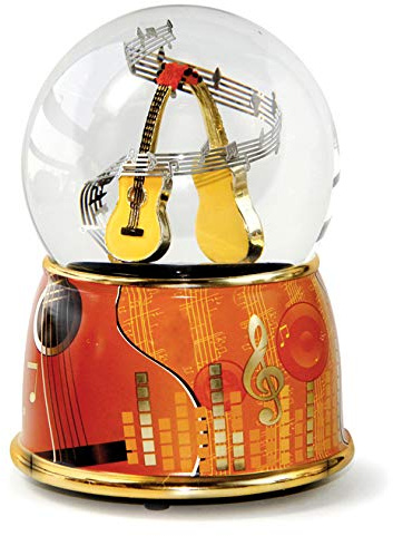 Animierte Musik-Schneekugel aus Glas mit Spieluhr/Spieldose/Musikdose/Musikbox, Zwei Gitarren, Glitzer und 18-Ton-Federspielwerk - Love me Tender (Elvis Presley)