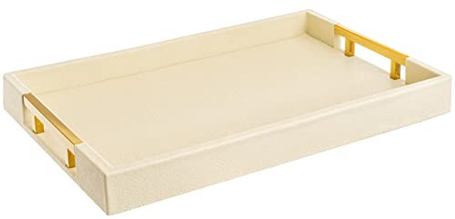 Home Redefined Moderner, eleganter Couchtisch, 45.7x30.5 cm, rechteckig, cremefarben, glänzend, dekorativer Ottoman, Küche, Serviertablett mit goldfarbenen polierten Metallgriffen für alle Anlässe