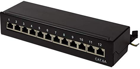 tsnetworks Panneau de brassage CAT.6a 12 ports - 12 prises RJ45 entièrement blindées - 10 Go - Boîtier en métal noir - LSA + bornes de coupe AWG22-26