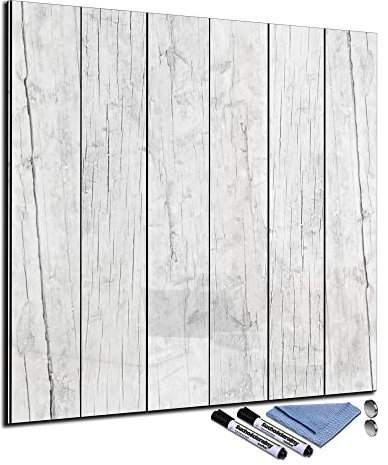 Glas-Magnettafel 40x40 cm Whiteboard Wand Beschreibbar Quadratisch Magnetisch Küche Office Büro mit Zubehör Wochenplaner Abwischbar Deko Memoboard Tafel Holz-Optik Weiß