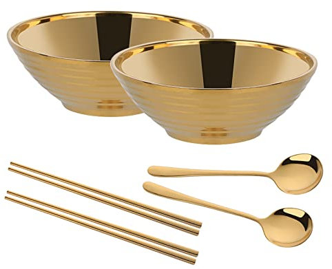Edelstahl Ramen Schüssel Set,Füllmenge 900 ml Premium Rutschfeste Suppe Schale mit Löffel und Essstäbchen, Multifunktional Müslischale für Pasta Obst Nudel Salat(Golden)