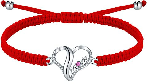 J.Endéar Bracelet Femme pour Mère Argent 925 Bijoux en Cordon Tressé Fait Aain Coeur d'amour Zirconium Cubique Rouge Bracelet Maman Cadeau pour Maman, Rouge