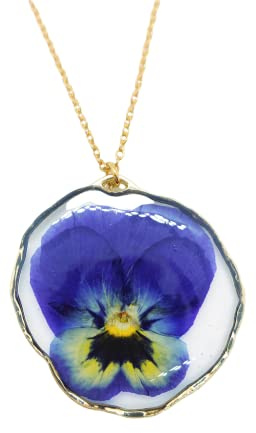 Generico Collana Donna Fiore Vero Viola del Pensiero Essiccato Pressato in Resina, Ciondolo Pendente Cerchio Oro, Acciaio e Ottone, Accessorio Fiore Vero