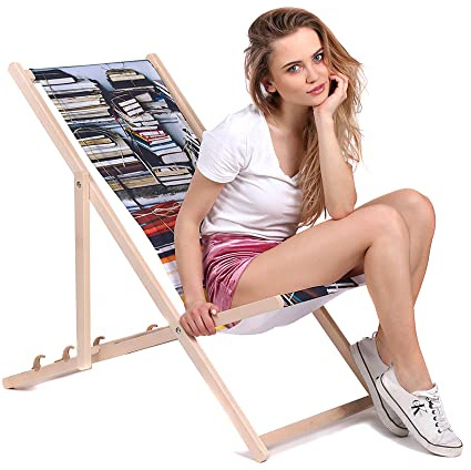 DreamRoots Liegestuhl Klappbar Holz aus Buchenholz, bis 130 kg belastbar, 3-Fach verstellbare Rückenlehne, waschbarer Polyesterbezug