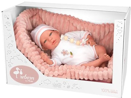 ARIAS Poupée Reborn Lola de 40 cm, avec Habits Blancs et Bonnet et nacelle Rose, bébé Nouveau-né avec Corps en Vinyle, Accessoires, Couches, tétine et tétine, Jouet pour Enfants à partir de 3 Ans