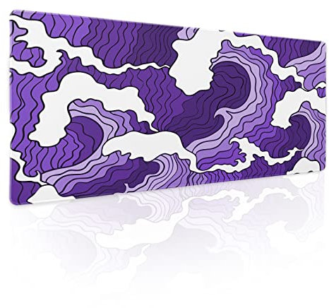Japanese Purple White Wave Gaming Mouse Pad XL Cartoon Sea Texture Extended Large Desk Cover Big Table Mat Non-Slip Rubber Base Stitched Edge Long Keyboard Playmat Office,31.5×11.8 inch
