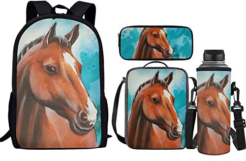 Belidome 4-teiliges Kinder-Schulrucksack-Set, Federmäppchen, Lunch-Tasche, Flaschenhalter für Jungen und Mädchen, Pferdemotiv, Einheitsgröße