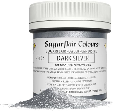 Sugarflair Dark Silver Edible Glitter Dust Powder Pump Refill Tub - Food Colouring Powder, Edible Colour Dust, Brush On, Spray, or Add Rejuvenator to Create Eye-Catching Paint Effect - 25g