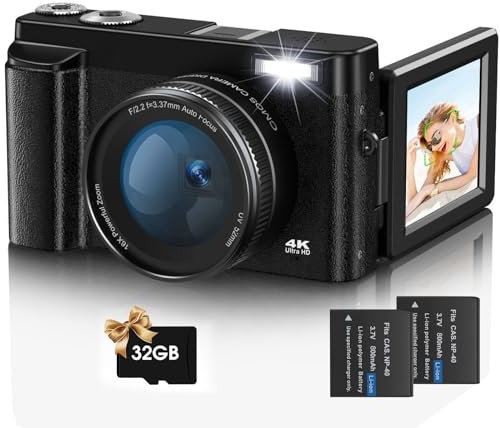 Digital Camera,Jumobuis 4K 48MP Autofocus Vlogging Camera with 32G Memory Card 16X Digital Zoom,Powerful Cameras for Photography with 2 Batteries for YouTube Black