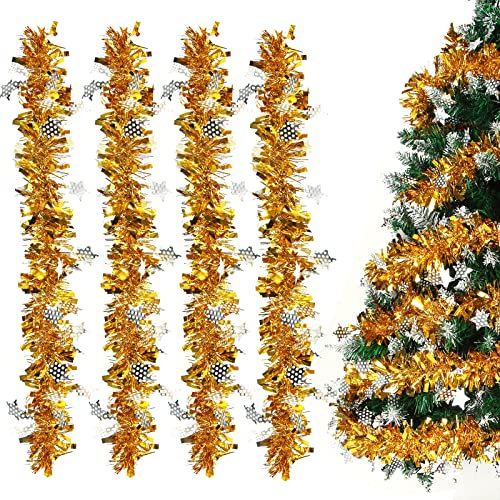 Sprinlot Girlande Weinachten Gold, 4 Stück Lametta Girlande Gold, Weihnachtsgirlanden Glänzend, Christbaum Girlande, Lametta Weihnachtsbaum Deko