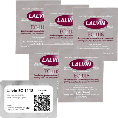 Lalvin EC-1118 Weinhefe (5 Pack) - Champagner-Hefe - Machen Sie Wein Met Apfelwein Kombucha zu Hause - 5 g Beutel - Saccharomyces cerevisiae - Verkauft von CAPYBARA Distributors Inc.
