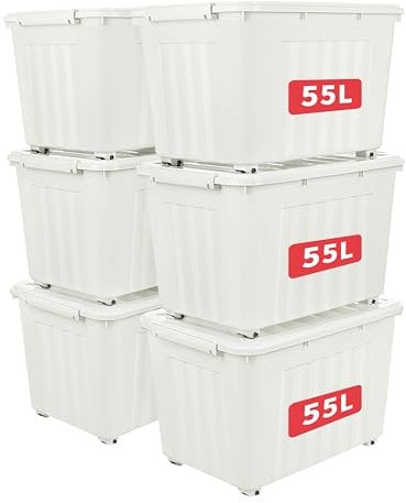 Cetomo 55L*6 Plastic Storage Box,White, Tote box,Organizing Container with Durable Lid and Secure Latching Buckles, Stackable and Nestable, 6Pack, with Buckle