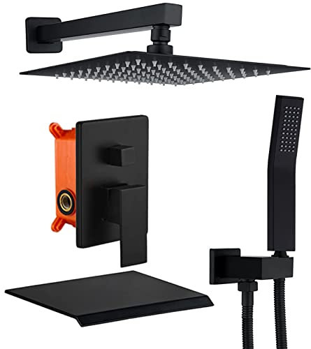 XJTNLB Miscelatore Doccia Incasso 3 Vie, Set Doccia con Soffione e Doccetta Cascata Rubinetto Vasca Nero