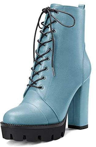 Castamere Donna Alto High Tacco Heel Piattaforma Chunky Blocco Rotonda Punta Stivaletti Lacci Cerniera Stivali Blu B 38 EU