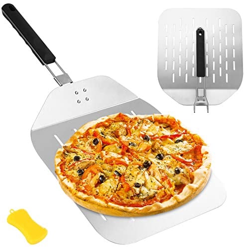 Pala para Pizza Horno, Profesional Pala para Pizzas perforada de acero inoxidable, Soporte de Superficie Grande, con asa Plegable para Barbacoa Cocinar Pizzas, Pan, mas Estable, Fácil de Almacenar