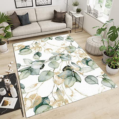 SANSJI Weiße Grüne Blätter Teppiche Gegend, Nordisches Minimalistisches Design Kurzflor Kinderteppich - für Terrasse Garten, Küche, Bad Oder 60 x 90 cm