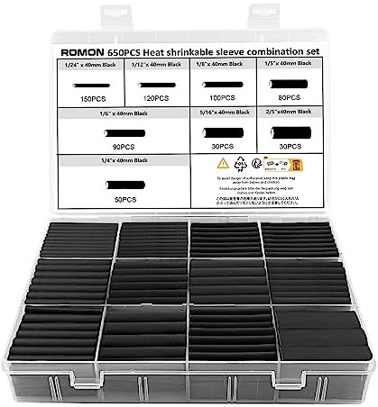 Romon 650 Pezzi Guaina Termorestringente Nera, Termorestringente per Cavi Elettrici, Guaina Termorestringente Tubi, Kit Tubo Termorestringente, Rapporto di Restringimento 2: 1, 8 Taglia