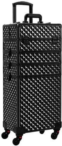 AROUS Rolling Makeup Train Case 4 in 1 Cosmetology Case on Wheels Large Storage Cosmetic Trolley with Key Salon Barber Case Traveling Cart Trunk, Black, 4 in 1 Rolling Makeup Case