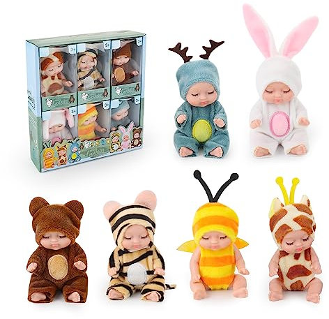 LUFEIS Mini Reborn Dolls, 6 Pcs Miniature Reborn Doll Toys, Mini Sleeping Rebirth Dolls, Realistic Baby Doll with Animal Clothes, 4 Inch Reborn Cute Baby Dolls for Girls, Toddlers and Kids