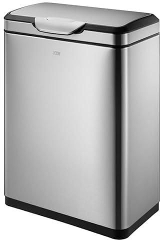 PROREGAL Schöner Abfalleimer aus gebürstetem Edelstahl mit breiter Touch-Öffnung | 20+20 Liter, HxBxT 67,4x28x46cm | Silber