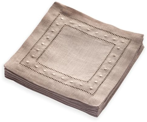 Cocktail-Servietten aus Leinen, 15,2 x 15,2 cm, 100 % reines Leinen, Naturservietten, Stoff mit gesticktem Punkt, 12 Stück, Hohlsaum-Untersetzer, Serviette, waschbar für Herbst, Erntedank-Dekoration