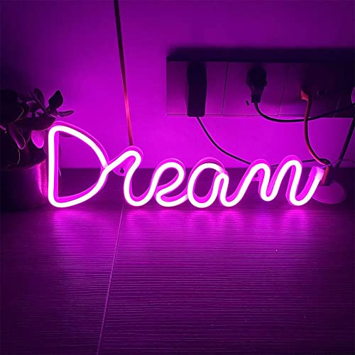 Creperture Dream Neonschild, 39 x 13,5 cm LED Wanddekoration Neon Nachtlichter USB betriebene Buchstabenschilder Lichtdekoration für Schlafzimmer, Zuhause, Bar, Geschäft, Hochzeit, Party, Rosa