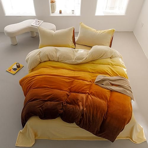 Pureant Weiß Orange Samt Tröster Sets Full Frauen Mädchen Weiß und Gelb Farbverlauf Bettwäsche Bettdecken Flauschig Modern Orange Braun Farbverlauf Flanell Steppdecken Aquarell Kunst Bettwäsche Orange