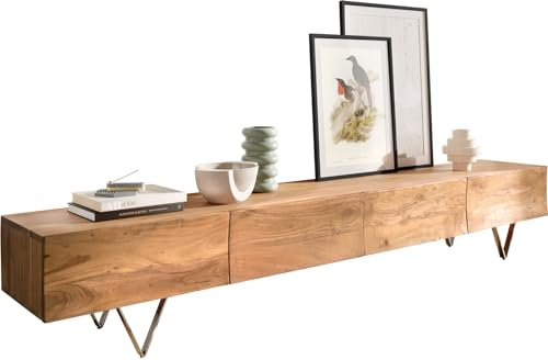 DELIFE TV-Board Wyatt Akazie Natur 220 cm 4 Schübe V-Fuß Edelstahl