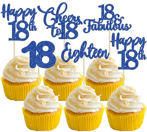 30 Pack Happy 18th Birthday Cupcake Toppers Dark Blue Glitter 18 Fabulous Cheers to 18 Years Old Birthday Cupcake Picks for Happy 18th Birthday Anniversary Party Cake Decorations