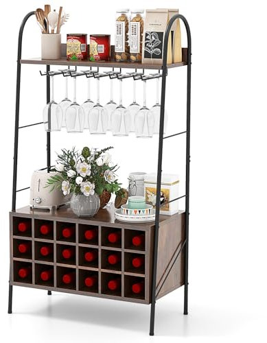 COSTWAY Weinregal, Flaschenregal für 18 Flaschen, Weinständer mit 5 Weinglashaltern & 2 Ablagen, 110cm Weinhalter freistehend, Weinflaschenregal für Küche Keller Bar, rustikales Braun, 63x32x114,5cm