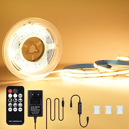 KWODE LED Strip Warmweiss 3M, 12V 3000k Dimmbar COB LED Streifen, Flexibel Lichtleiste mit Netzteil und Controller für Wohnzimmer Schlafzimmer Küche DIY Dekoration